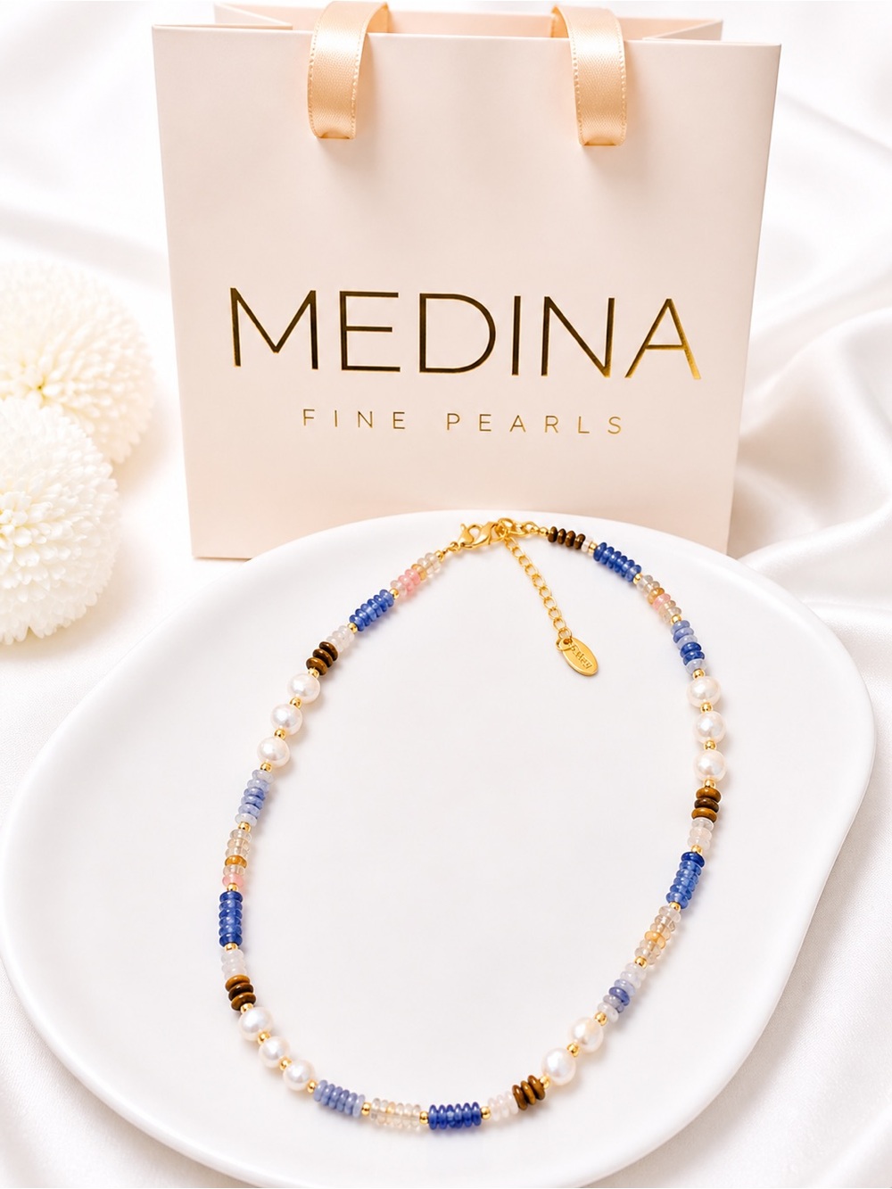 Medina Blue & Pearl Beaded Necklace - MEDINA